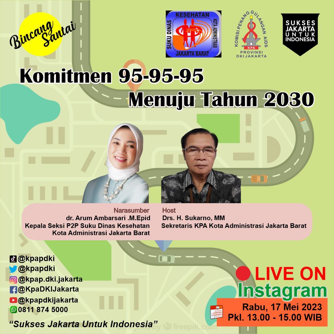 kpapdki's tweet photo. Strategi mempercepat pencapaian three zero atau dikenal dgn the fast track to ending AIDS, dgn diarahkan upaya percepatan pencapaian melalui 95%-95%-95% tahun 2030
Live on Instagram
🗓 Rabu, 17 Mei 2023
⏲️ 13.00 - selesai
📍 Instagram @kpap.dki.jakarta https://t.co/XyHrWctz2U