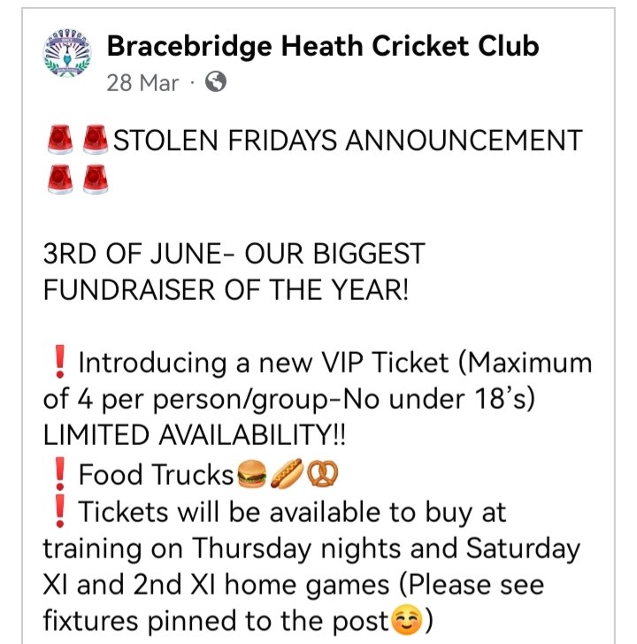 We will be at Bracebridge Heath Cricket Club on the 3rd of June 2023. Please contact the club for tickets.