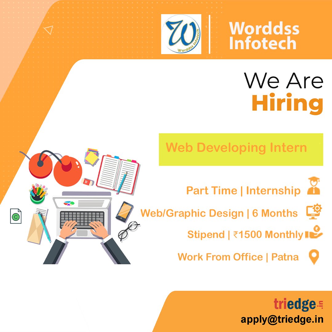 Triedge_in's tweet image. Worddss Infotech is hiring a Web Developing Intern.
Interested candidates may send their resumes at apply@triedge.in.
#hiring #uideveloper #internship #triedge #graphic