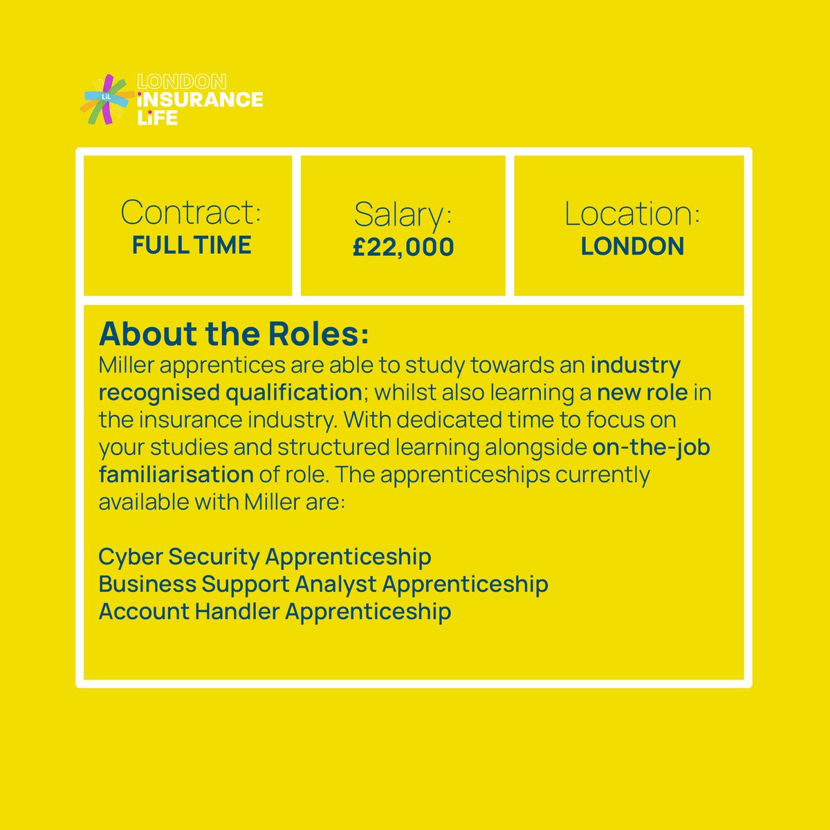 Calling all school leavers⚠️

Miller is looking for apprentices across 3 different roles. Apply now!

More over on our website.📱

#LondonInsuranceLife #LondonInsuranceMarket  #Risk #Insurance #SpecialtyInsurance #entrylevel #apprenticeship #SchoolLeaver #Graduate