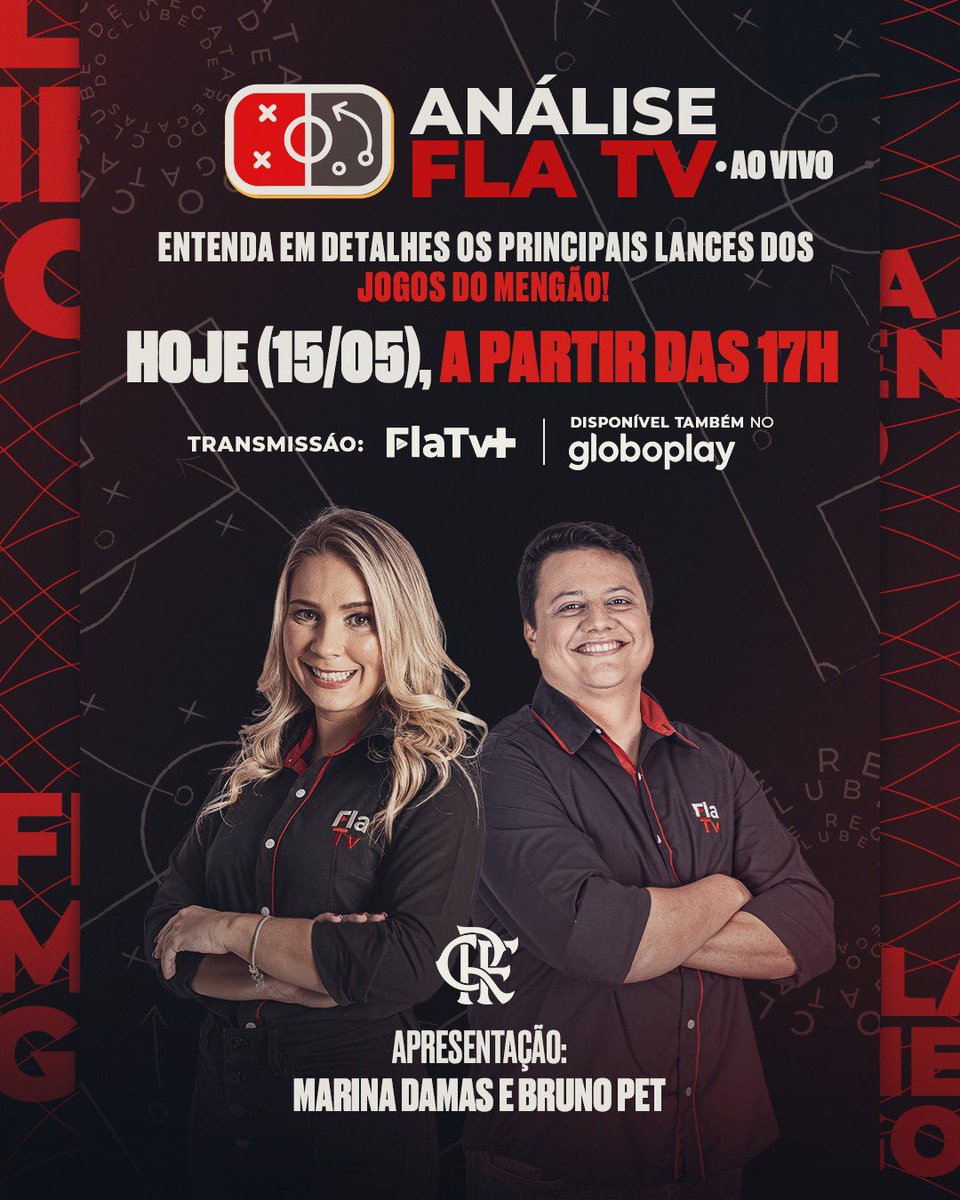 Flamengo's tweet photo. Fique ligado na FlaTV+! 

Às 17h, tem “Análise FlaTV” ao vivo! A apresentação é de Marina Damas e Bruno Pet! 

#CRF https://t.co/RZzUi3HVtc