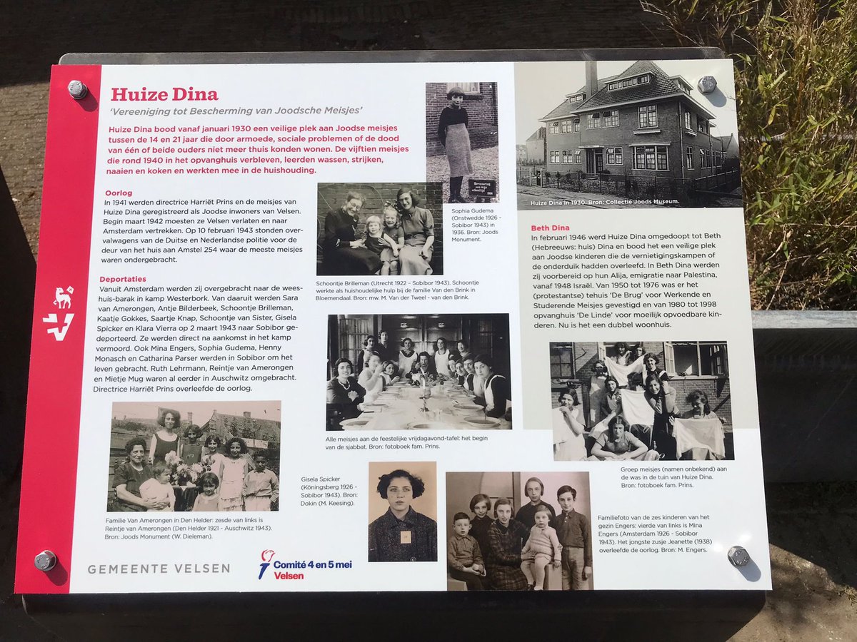In Santpoort-Zuid hebben we een #infopaneel geplaatst voor Huize Dina, een tehuis waar Joodse meisjes uit achterstandsmilieus een veilige opvoeding konden krijgen. De 15 meisjes die er rond 1940 woonden, zijn allemaal gedeporteerd en vermoord in Sobibor en Auschwitz...
<a href="/gemvelsen/">Gemeente Velsen</a>