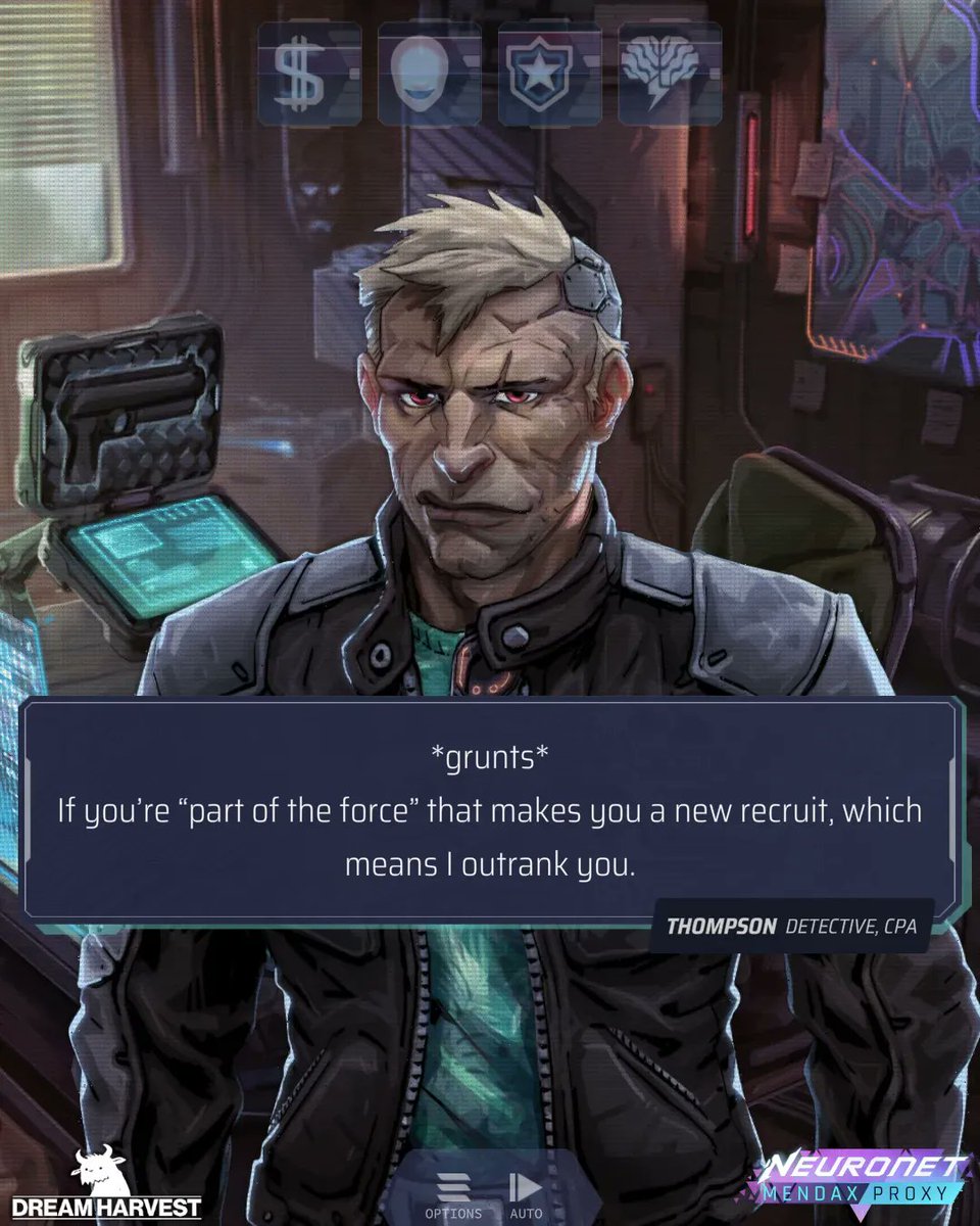 Dream_Harvest's tweet image. With a gruff demeanor and a sharp tongue, Detective Thompson may not be the easiest person to work with, but he gets results in #NeuroNetMendaxProxy where the crime in Catena is augmented by the reality bending NeuroNet #VisualNovel #IndieGame #Ai #Cyberpunk