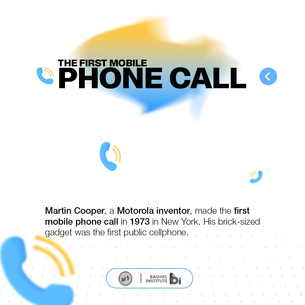 MARTIN COOPER , made the first mobile phone call in 1973 !!!!!
#FirstCallFacts #DidYouKnow #FunFacts #PhoneTrivia #TelecomFacts #PhoneHistory #CallFacts #History #EducateYourself #InterestingFacts #FactsOnly #study #boostyourknowledge #learn #baghelcomputercentre #miniatureschool