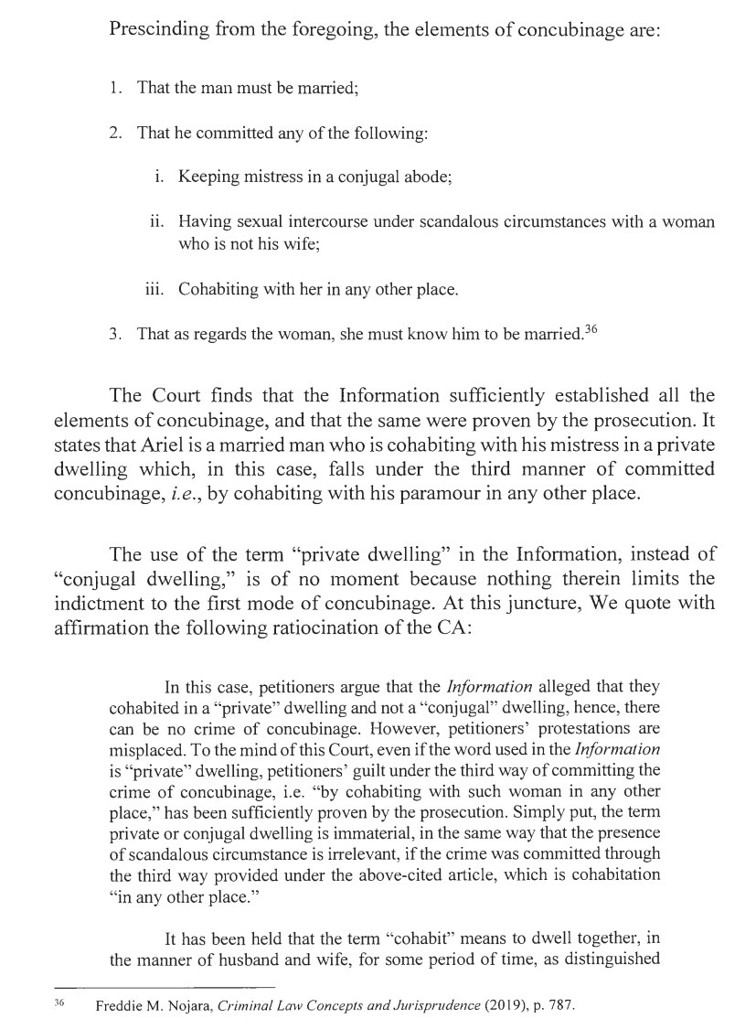 ohlistic's tweet photo. Oooh, a 21st century ruling reviewing a conviction for concubinage.

Very telling that the only jurisprudence on concubinage cited is a decision from 1941.

And the recital of the crime's elements draw not from jurisprudence, but from a criminal law textbook. https://t.co/YWsNtQQk35