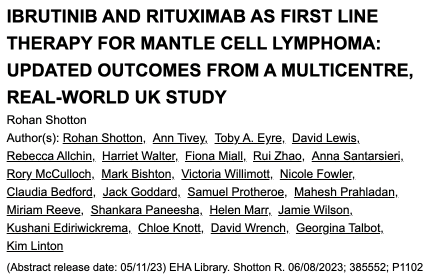 UK NHSE Covid19 scheme
Largest 1L series of BTKi in MCL to date
#Ibrutinib +/-R in 1L #MCL 
high risk (HR) ≥1 TP53 mut/del, blastoid/pleomorph or Ki67%/MiB1 ≥30%

N=149 35% HR
mPFS for all 26m 
mPFS HR PFS 9.7m 
Work to do in high risk 1L MCL cBTKi+CD20 enough? 
#EHA2023 #lymsm