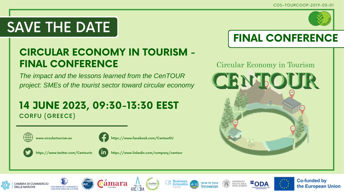📢 𝟏 𝐌𝐎𝐍𝐓𝐇 𝐓𝐎 𝐆𝐎!

<a href="/CEnTOUR_EU/">CEnTOUR - Circular Economy in Tourism</a> 𝐅𝐢𝐧𝐚𝐥 𝐂𝐨𝐧𝐟𝐞𝐫𝐞𝐧𝐜𝐞!

📆14/06
📍Corfu (Greece)
🕘09:30-13:30 (EEST)

𝐑𝐄𝐆𝐈𝐒𝐓𝐑𝐀𝐓𝐈𝐎𝐍 𝐅𝐎𝐑𝐌: lnkd.in/dQzSqiBf
𝐀𝐆𝐄𝐍𝐃𝐀: lnkd.in/dk4hTAUD

#sustainability #tourism #circulareconomy #EUfunded