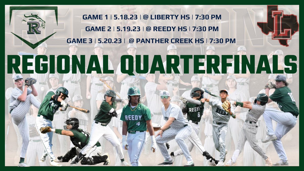 🚨REGIONAL QUARTER-FINALS🚨

🆚 Frisco Liberty
🎟️ tickets.friscoisd.org

GAME 1
📆 Thurs, May 18th
⏰ 7:30 PM
🏟️ Liberty

GAME 2
📆 Fri, May 19th
⏰ 7:30 PM
🏟️ Reedy

GAME 3 (if nec)
📆 Sat, May 20th
⏰ 7:30 PM
🏟️ Panther Creek

#OneTrackMind #206
#RHSRoar #TakePrideInThePride
