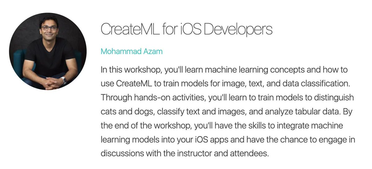 tryswiftnyc's tweet image. In this #tryswiftnyc workshop, you'll learn #MachineLearning concepts and how to use #CreateML to train models for image, text, and data classification w/ @azamsharp 🐱 🐶 🐥. Don't miss it! #iOSDev #SwiftLang #iosconference
tryswift.co/events/2023/ny…