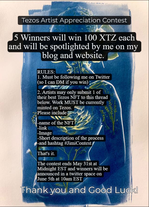 JimiAlbert's tweet image. It&apos;s on!🔥Paying it forward to the community I love!

🔹Tezos Artist Appreciation Contest🔹

➡️5 winners get 100 $XTZ EACH, plus an interview w/ me

Submit your BEST @Tezos NFT to this thread - ONLY 1 PER ARTIST (make it count!)

🚨Complete Rules-see image🚨

GL! 😎

#TezosNFTs