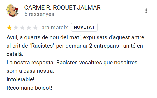 CarladelCarme's tweet photo. 🔴🔴🔴ATENCIÓ! demano boicot i ressenyes negatives a Google per RACISME al forn de pa i cafeteria Pepi (carretera de Santa Creu de Calafell, 107, Gavà)
@llenguacat 

https://t.co/0ykzbb5K2z https://t.co/V17NOFPL46