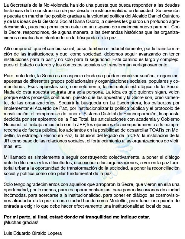 LuchoGi_'s tweet photo. Hoy me despido de la @SecNoViolencia 
¡Los procesos son lo fundamental!
¡Muchas gracias por el aguante y el acompañamiento!
La paz territorial será siempre el camino para la transformación social. https://t.co/q9m3Nr8iZv