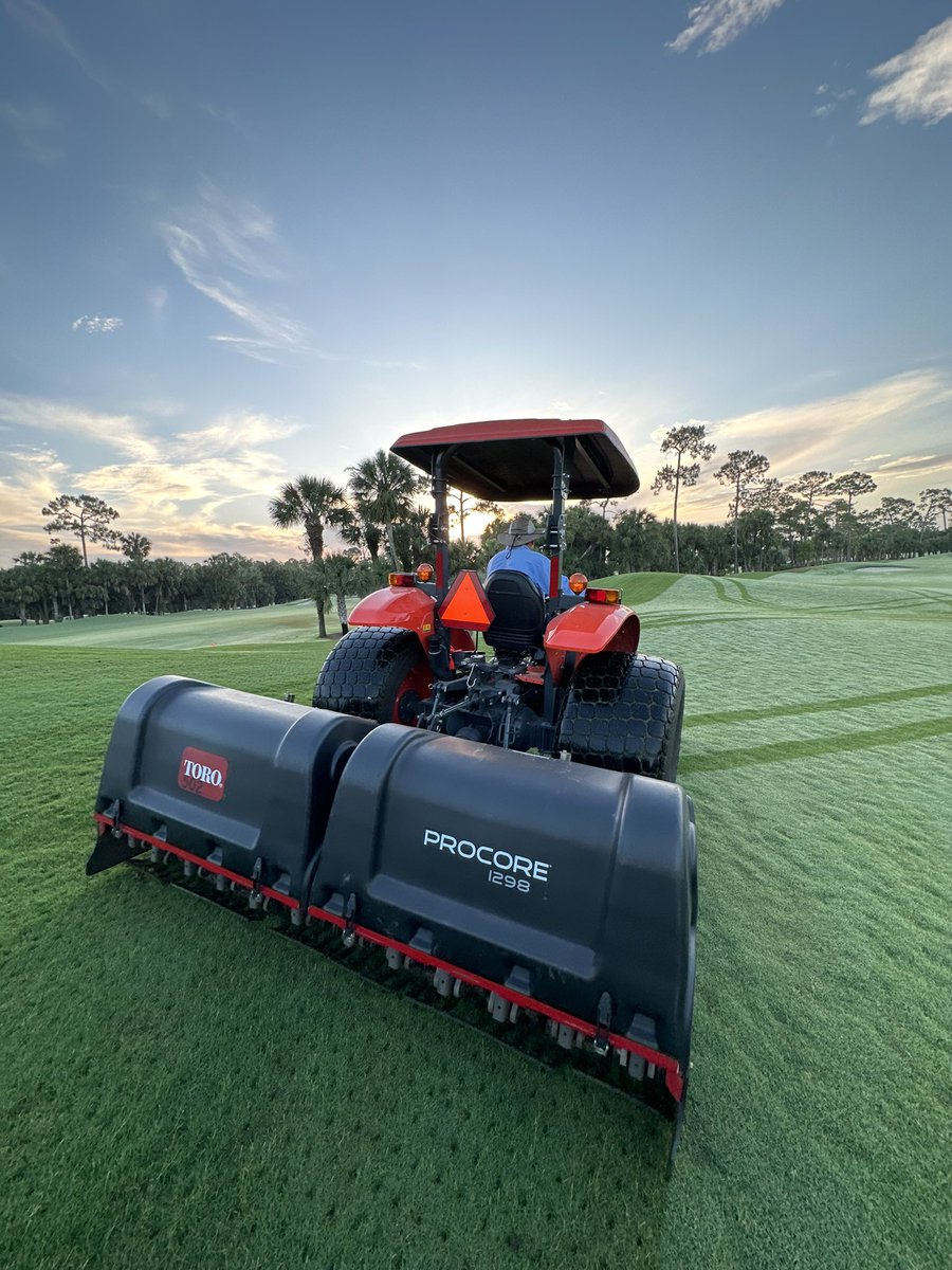 Another beautiful #sunrise on what’s starting off to be another productive closed Monday at #OldeFloridaGolfClub Solid tine #aeration in the rough @ToroGolf @FloridaCoastEq #Kubota  #Florida #Golf @ugatiftonturf #tiftuf @GCSAA #golfcoursesuperintendent #officeviews #swfl
