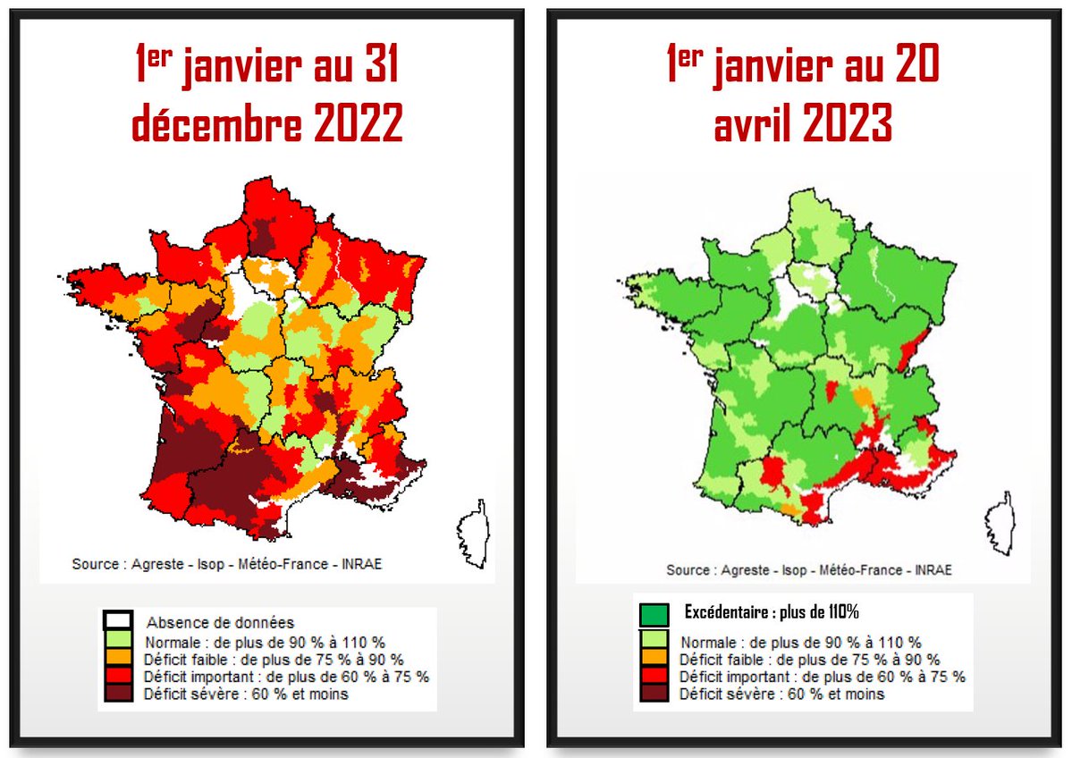 Je suis tellement heureux de vous annoncer qu'après un déficit national de -26% de fourrage en 2022 ("herbe pour les vaches 😅"), le printemps 2023 est excédent de +15% du fait de la pluie et de la douceur.
On va pouvoir refaire des stocks ! 🥳
Cependant, la situation
