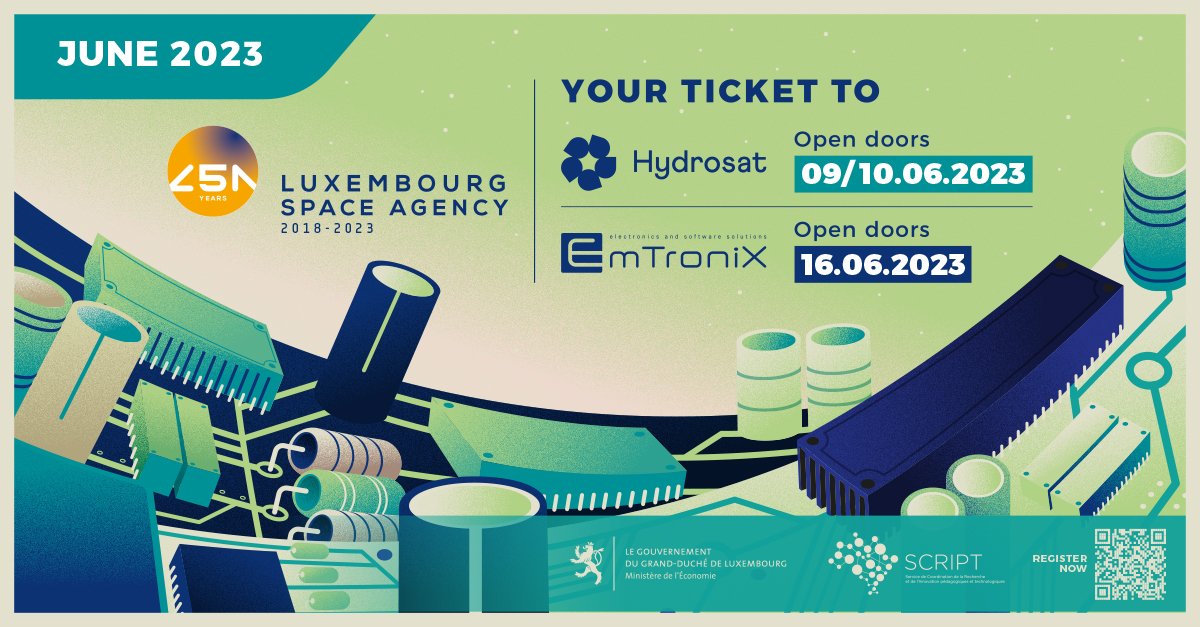 lsta_lu's tweet photo. RT LuxSpaceAgency: 🛰️ SPACE OPEN DOORS 🛰️
 @HydrosatI &amp; @EmTroni will open their doors to the public next month. Guided tour, technology demonstration... all you need to know about #space in 🇱🇺 ! Register now!
Hydrosat👉 https://t.co/Yu254XMZak
EmTroniX … https://t.co/dKytwOdkLO