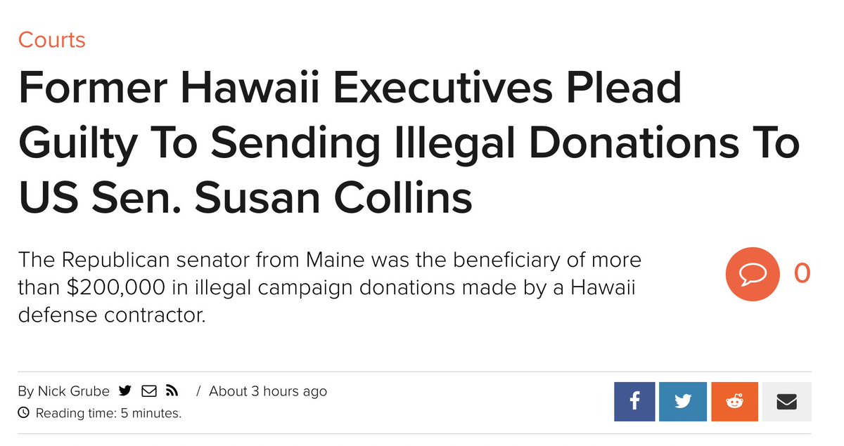 CollinsWatch's tweet photo. Two more Hawaii execs plead guilty to funneling illegal contributions to Susan Collins campaign after she helped their company secure $8,000,000 in federal funding; face possible prison time and fines. https://t.co/BTrA2t4q7x #mepolitics https://t.co/Lk2XwSVYQP