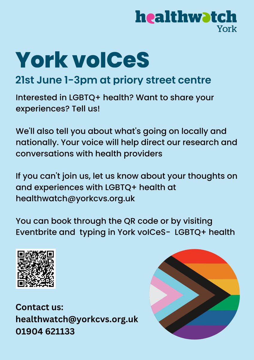 healthwatchyork's tweet photo. York voICeS - LGBTQ+ Health Event 
An opportunity to share your thoughts and experiences on LGBTQ+ health at the Priory Street Centre.  

Book here: https://t.co/WYE8YlbQHI… 

If you can't join us, let us know about your thoughts and experiences here: https://t.co/TRGFCasUDS https://t.co/GUDHbvQzWc