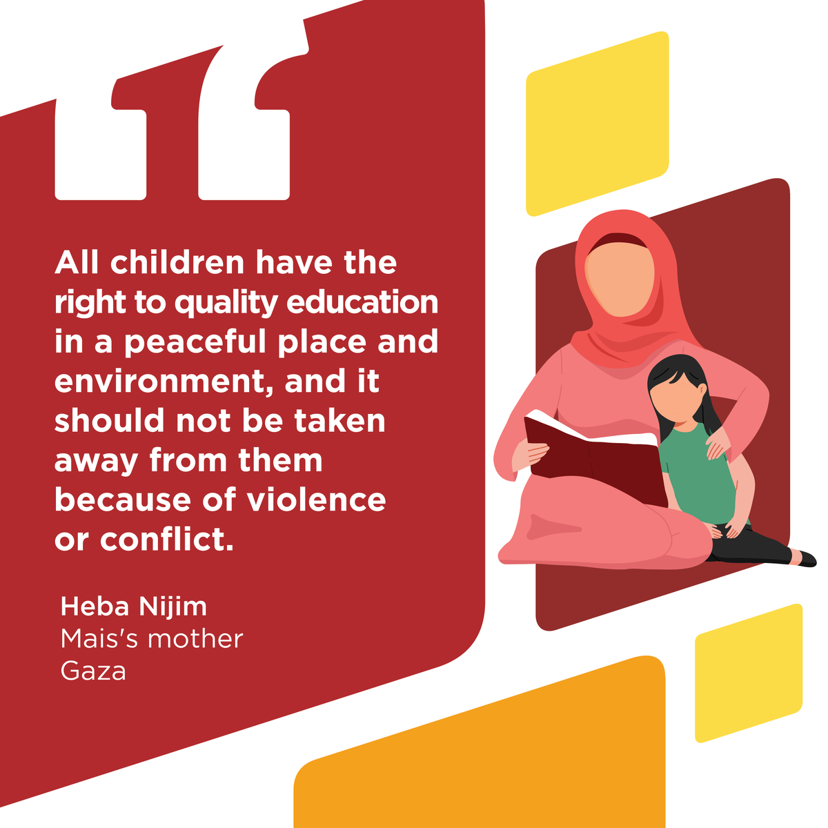 'All children have the right to quality education in a peaceful place & environment.' - Heba Nijim, a mother in #Gaza, advocating for her daughter Mais's education amidst conflict.
 
Let's #UniteToProtect education.
 
educationaboveall.org/media-centre/s… 

*Names changed to protect identity