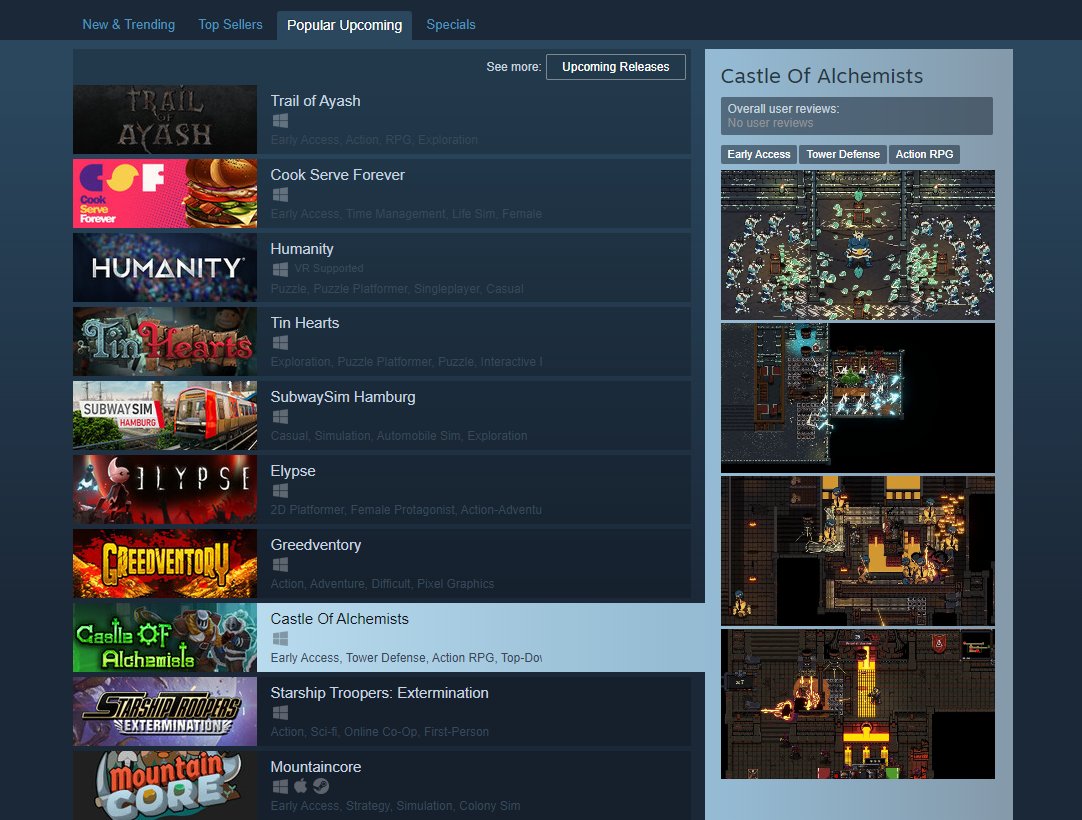 RT Oyunder "RT <a href="/TeamMachiavelli/">Castle of Alchemists</a>: We're excited to announce that Castle of Alchemists has made it to the Popular Upcoming list on Steam! 🧪⚔️

Learn more and wishlist now: store.steampowered.com/app/1724770/Ca…

#indiegames #gamedev #madewithunity #indiedev "