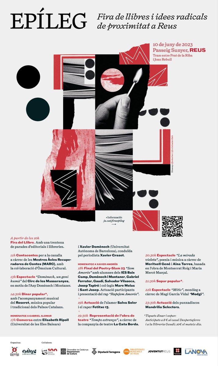 Ja us podeu reservar la data per la segona edició de la #FiraEpíleg, la fira de llibres i idees radicals i de proximitat a Reus!

📅 Dissabte 10 de juny
🕙 de 10h del matí a 1h de la nit
📍 Passeig Sunyer, a Reus

Què us sembla el cartell d'enguany?