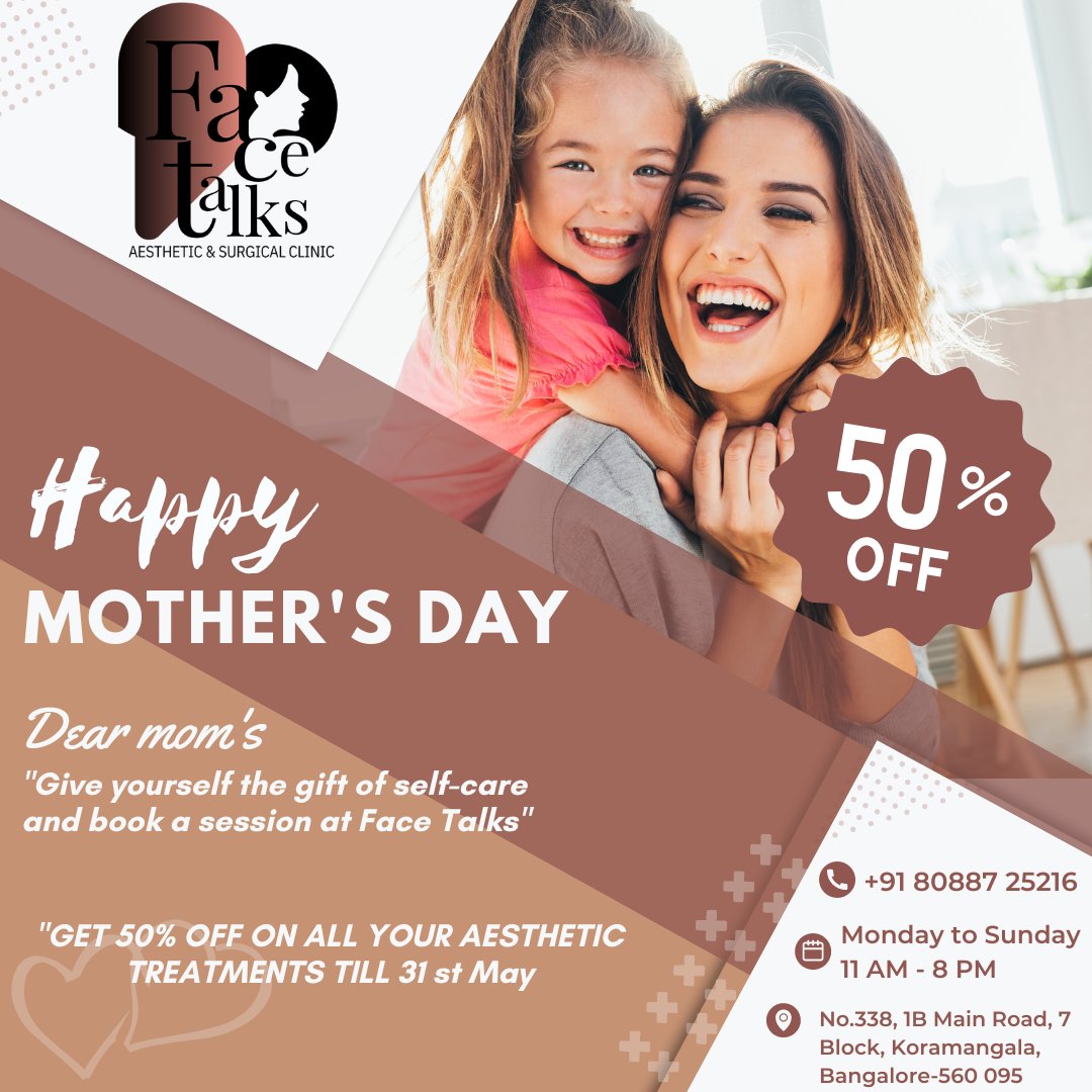 HAPPY MOTHER'S DAY!!!!! ON THE OCCASION OF THIS MOTHER'S DAY, WE ARE GIVING 50% OFF ON ALL THE TREATMENTS!!!!!
#AestheticsClinic #EnhanceYourBeauty #BeautyFromWithin #SculptYourBody #AestheticGoals #facialaesthetics #skinrejuvenation #botox #fillers #threadlifts #prp