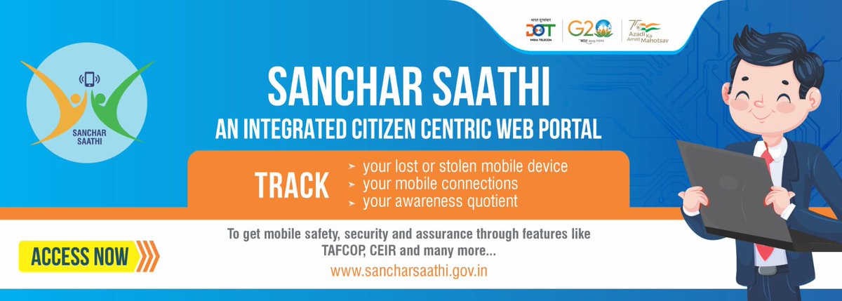 DoT India (@dot_india) on Twitter photo Hon'ble Minister for Communications, Electronics & IT and Railways Shri Ashwini Vaishnaw, shall launch a citizen centric portal 'SANCHAR SAATHI' on 16.05.2023.
<a href="/AshwiniVaishnaw/">Ashwini Vaishnaw</a>
<a href="/devusinh/">Devusinh Chauhan</a>
Watch #live at👇
youtube.com/live/P-2E7LIaH… Hon'ble Minister for Communications, Electronics & IT and Railways Shri Ashwini Vaishnaw, shall launch a citizen centric portal 'SANCHAR SAATHI' on 16.05.2023.
<a href="/AshwiniVaishnaw/">Ashwini Vaishnaw</a>
<a href="/devusinh/">Devusinh Chauhan</a>
Watch #live at👇
youtube.com/live/P-2E7LIaH…