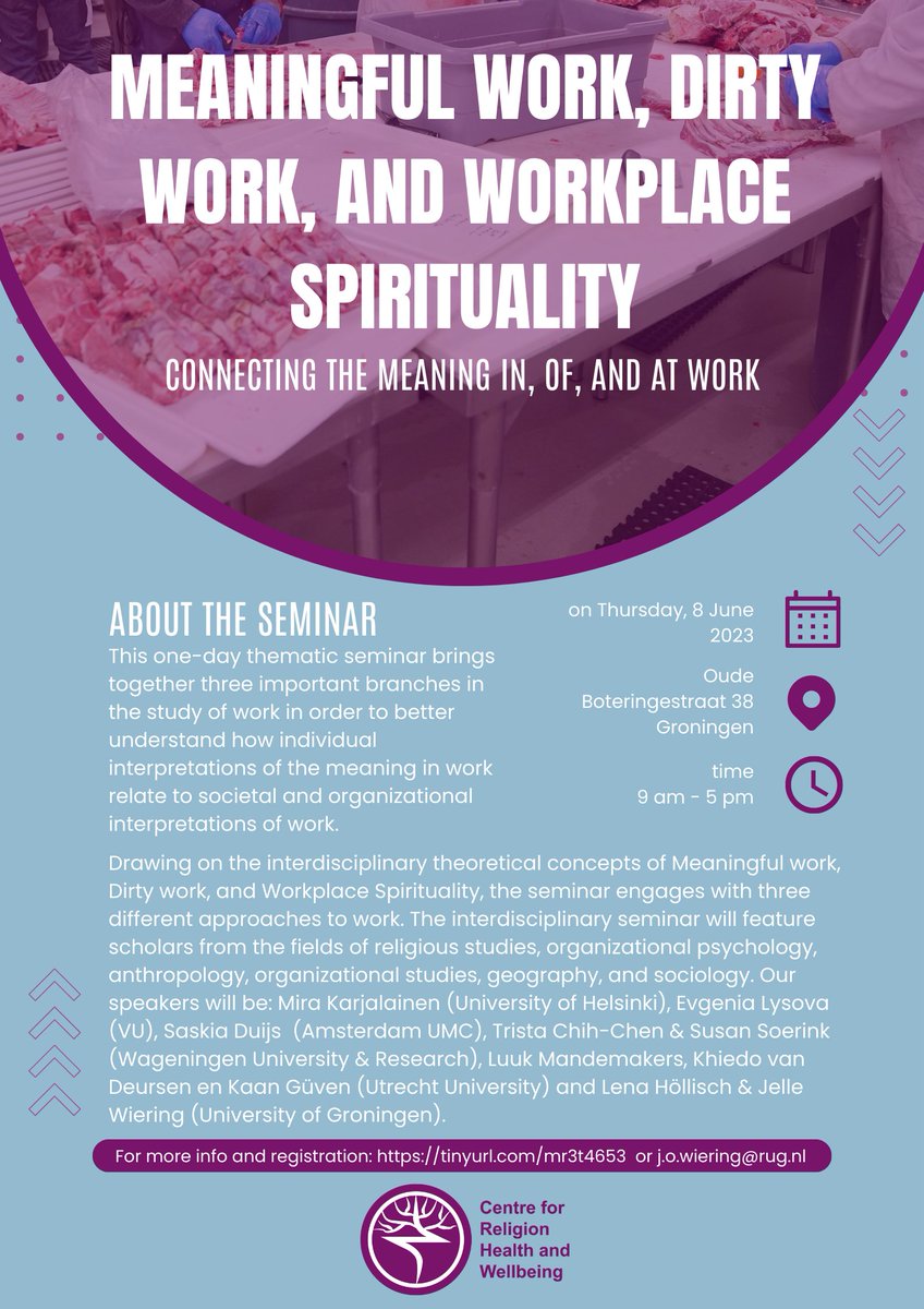 Coming June 8th Dr. Jelle Wiering is organizing a one-day seminar on meaningful work, dirty work, and workplace spirituality at our faculty <a href="/RCSunigroningen/">Faculty of Religion, Culture and Society - UG</a>. For more info and sign-up (free) see the poster and the link below!

rug.nl/research/centr…
