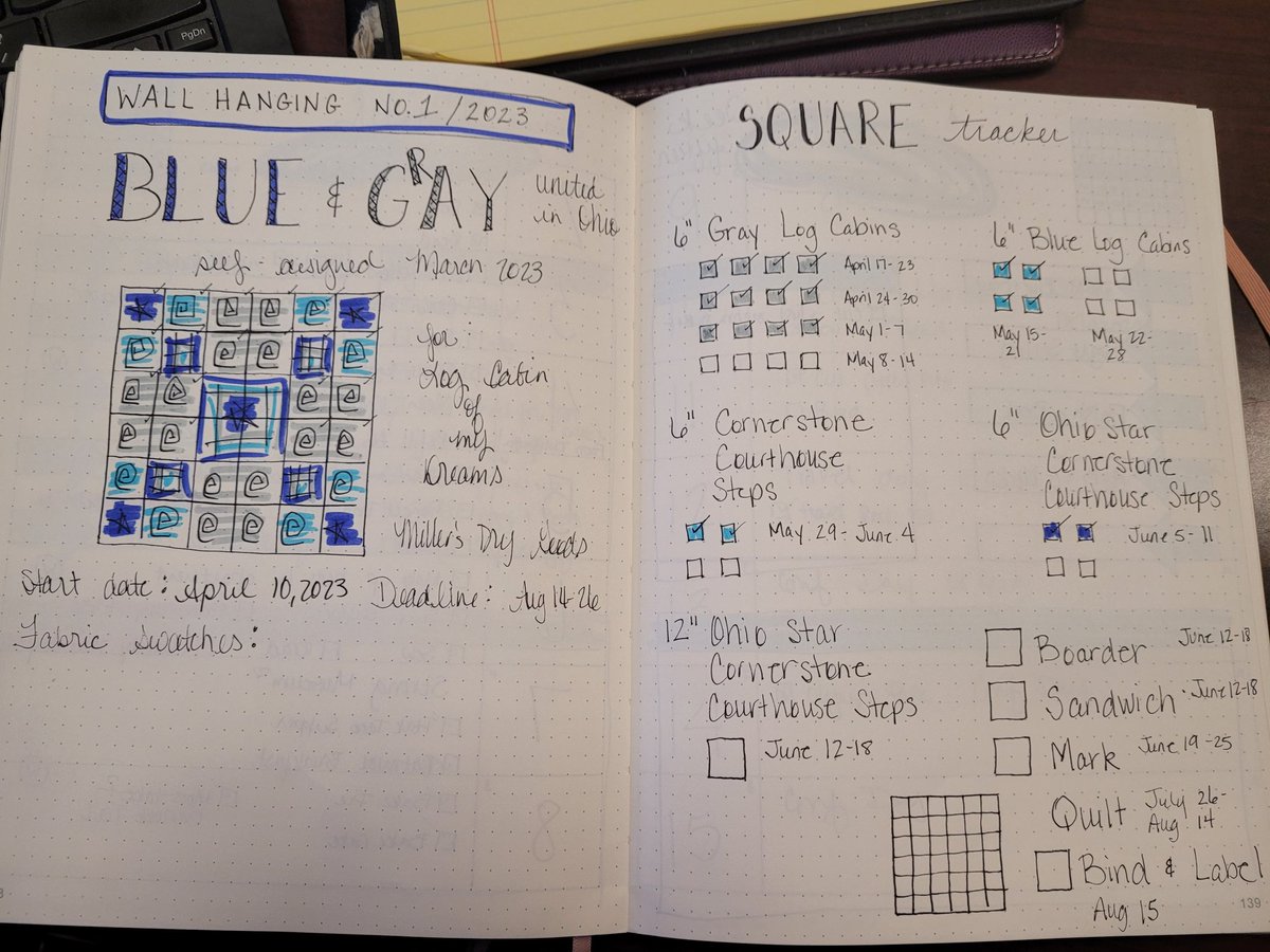 Making progress on my Blue &amp; Gray (forgive my handwritten "typo" in the image below). I have to work faster! I've got pressing new projects to do. #quilting #quilts #goals #bujo