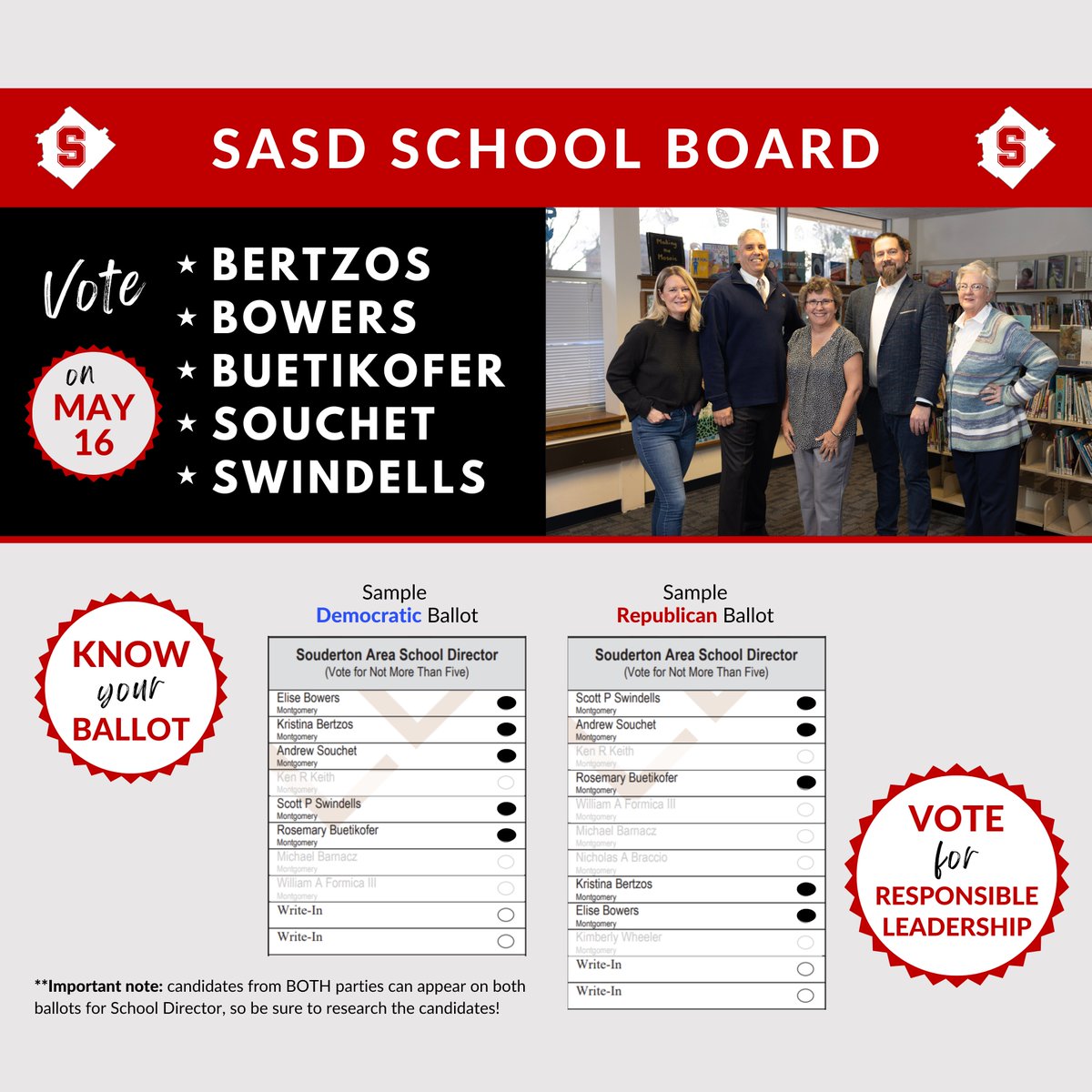 Know your ballot! You will see 8 - 10 names for school board director. You will NOT see their party affiliation. Please remember these names: Bertzos, Bowers, Buetikofer, Souchet, Swindells. See you at the polls!

#responsibleleadersinSASD #schoolboardelection #souderton