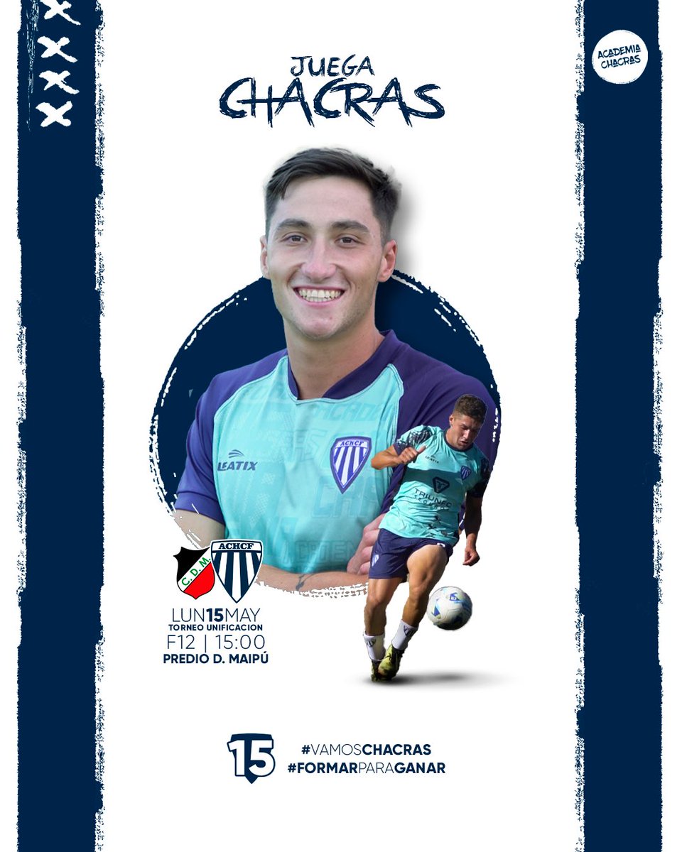 ChacrasOficial's tweet photo. #TorneoUnificacion | #Fecha12 

🫡 DE VISITA POR MAIPÚ 

⚽️ Deportivo Maipú vs Academia Chacras 
🏟️ Predio Deportivo Maipú 
⏰ 15:00 

#VamosChacras 
#FormarParaGanar 
#15AñosFormando https://t.co/nShTYo8wom