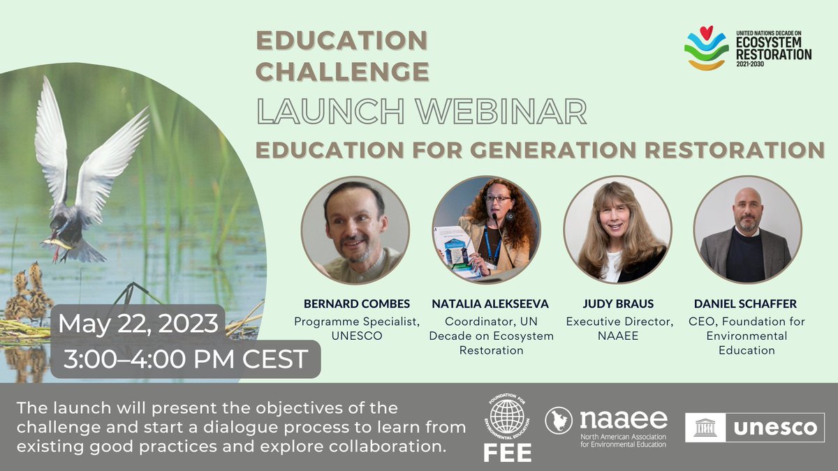 📅 Save the date: The Education for Generation Restoration - Launch Webinar is happening on May 22nd! 🌱 🔗Join us by registering at: lnkd.in/ejcmmsDC #Education #ESD #GenerationRestoration #EcosystemRestoration #BuildBackBiodiversity