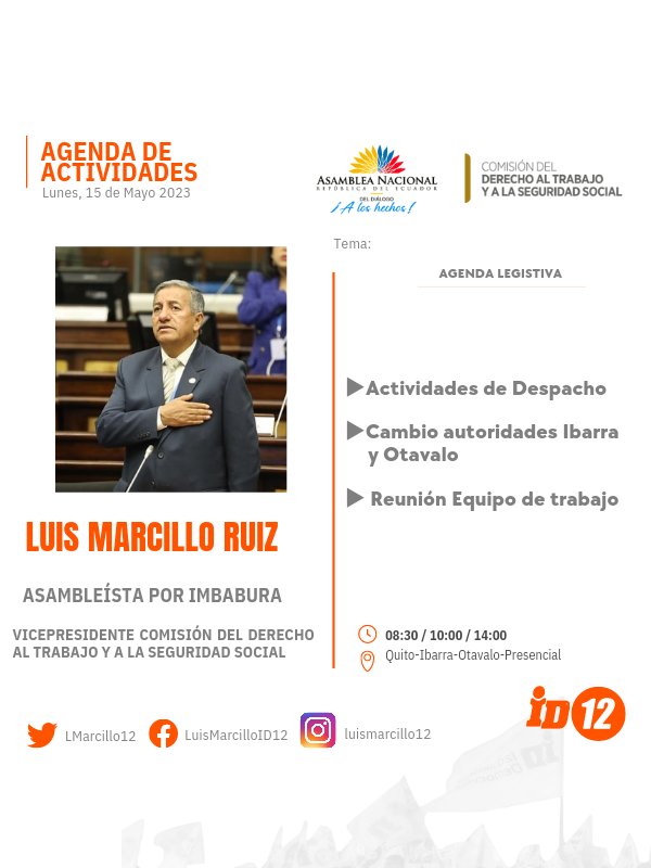 #𝔹𝕦𝕖𝕟𝕀𝕟𝕚𝕔𝕚𝕠𝔻𝕖𝕊𝕖𝕞𝕒𝕟𝕒 👍

#𝔸𝕘𝕖𝕟𝕕𝕒𝕃𝕖𝕘𝕚𝕤𝕝𝕒𝕥𝕚𝕧𝕒 ✍️

▶️ Compartimos las actividades que cumpliremos este 15 de #Mayo del 2023. 

#ImbaburaEnLaAsamblea 🍊
#TrabajoEnEquipo 🤝