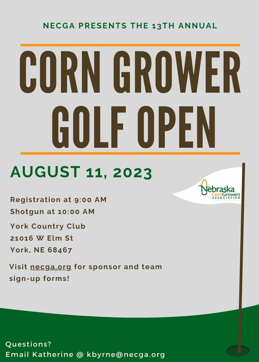 As we start to swing into the summer months, NeCGA would like to announce the 13th annual Corn Grower Open that will be held on August 11th at the York Country Club in York, NE! Gather your buddies and sign up a team! You won't want to miss this event!

necga.org/13th-annual-co…