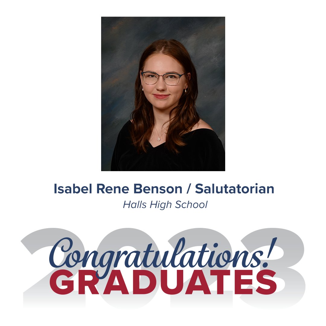 Knox County Schools (@knoxschools) on Twitter photo Congratulations to <a href="/HallsHighTN/">Halls High School</a> valedictorian Baylee Paige Jenes and salutatorian Isabel Rene Benson! Congratulations to <a href="/HallsHighTN/">Halls High School</a> valedictorian Baylee Paige Jenes and salutatorian Isabel Rene Benson!