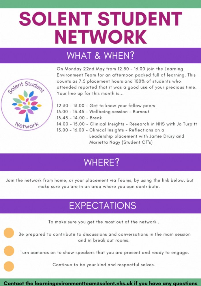 Learning Environment Team #TeamSolent (@letsolent) on Twitter photo ๐ฃCalling ALL Students!๐งโ๐
The Solent Student Network is running next Monday! (instead of the 29th due to bank holiday)
Email learningenvironmentteam@solent.nhs.uk to get the invite! ๐ฃCalling ALL Students!๐งโ๐
The Solent Student Network is running next Monday! (instead of the 29th due to bank holiday)
Email learningenvironmentteam@solent.nhs.uk to get the invite!