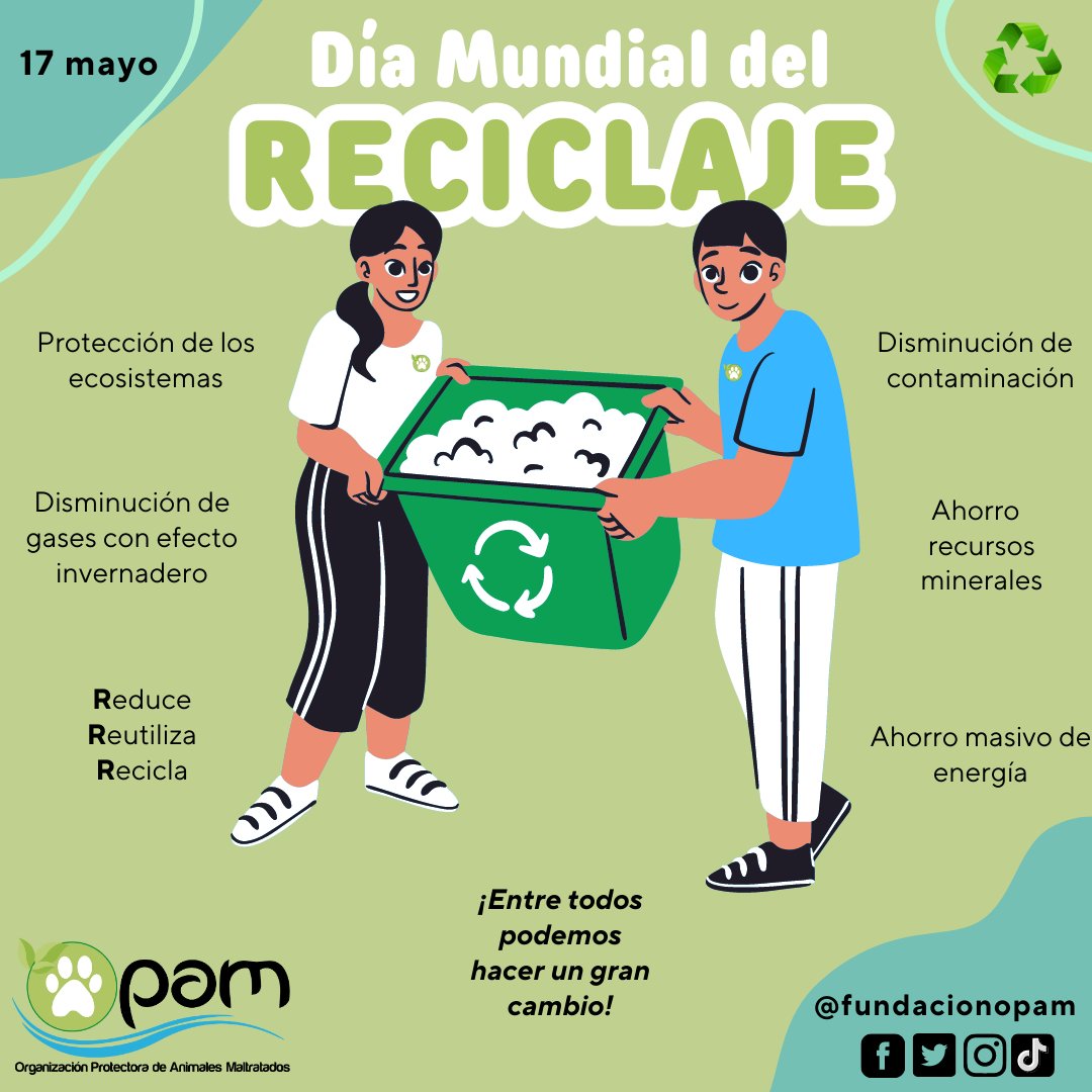 FundacionOPAM's tweet photo. Sabías que hoy, se celebra el #DíaMundialDelReciclaje
Es importante de separar adecuadamente los residuos, darles una nueva vida, tener un consumo y producción responsable con el ambiente y muchos animales 🐶🐱
🧩¿En tu casa reciclan?
#YoSoyOpam #Reciclaje #YoCuidoElPlaneta https://t.co/mIfqtUBNeC