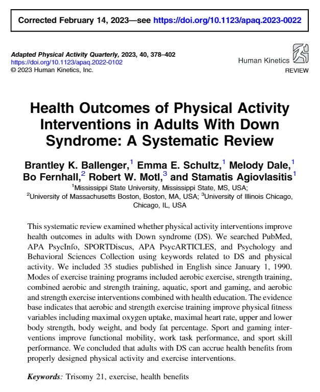 Read a study from <a href="/APAQjournal/">Adapted Physical Activity Quarterly</a>! Health Outcomes of Physical Activity Interventions in Adults With Down Syndrome: A Systematic Review doi.org/10.1123/apaq.2… #adaptedsport #adaptedphysicalactivity #downsyndrome