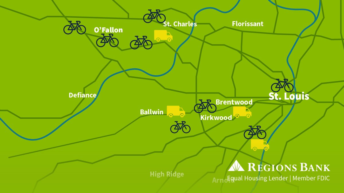RegionsBank's tweet photo. Meet us in St. Louis! Check the map for celebrations at a Regions branch near you. 🌮 Food. 🚲 Big bikes. 🎉 Fun. #StLouis https://t.co/LusBFQ7hPB