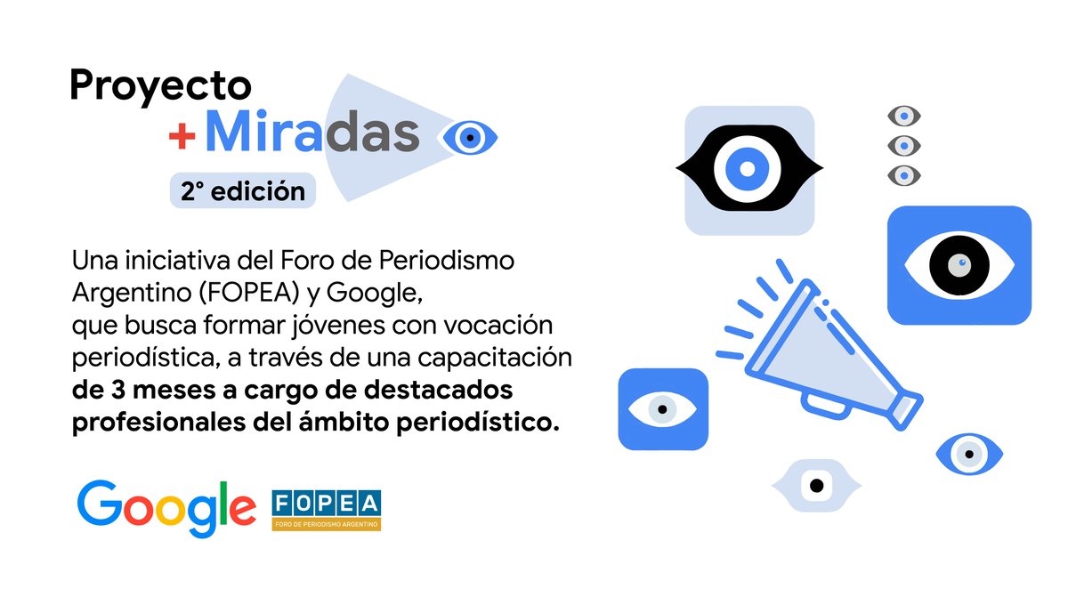 googleargentina's tweet photo. ¡Por más diversidad de voces en los medios!

Llega la segunda edición de "+Miradas", el programa de @GoogleNewsInit y @FOPEA para formar a jóvenes con vocación periodística de barrios populares de Buenos Aires. 🎙️✍️

Inscripciones hasta el 26/05 → https://t.co/Yow9BOuD03 https://t.co/6YJR9ViZAS