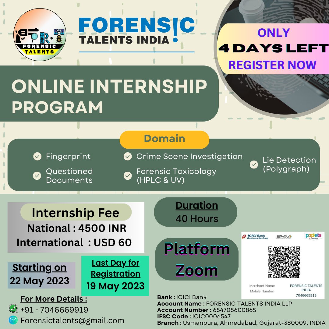 4n6talentsIndia's tweet image. Only 4 Days Left. Register now for online internship. Few Seats left.  Internship Registration Link : forms.gle/HNxKX76EWsjZe5…  For any query feel free to join our WhatsApp group : chat.whatsapp.com/LnNIMCnuAydF0X…  #onlineinternship #forensicinternship #internship