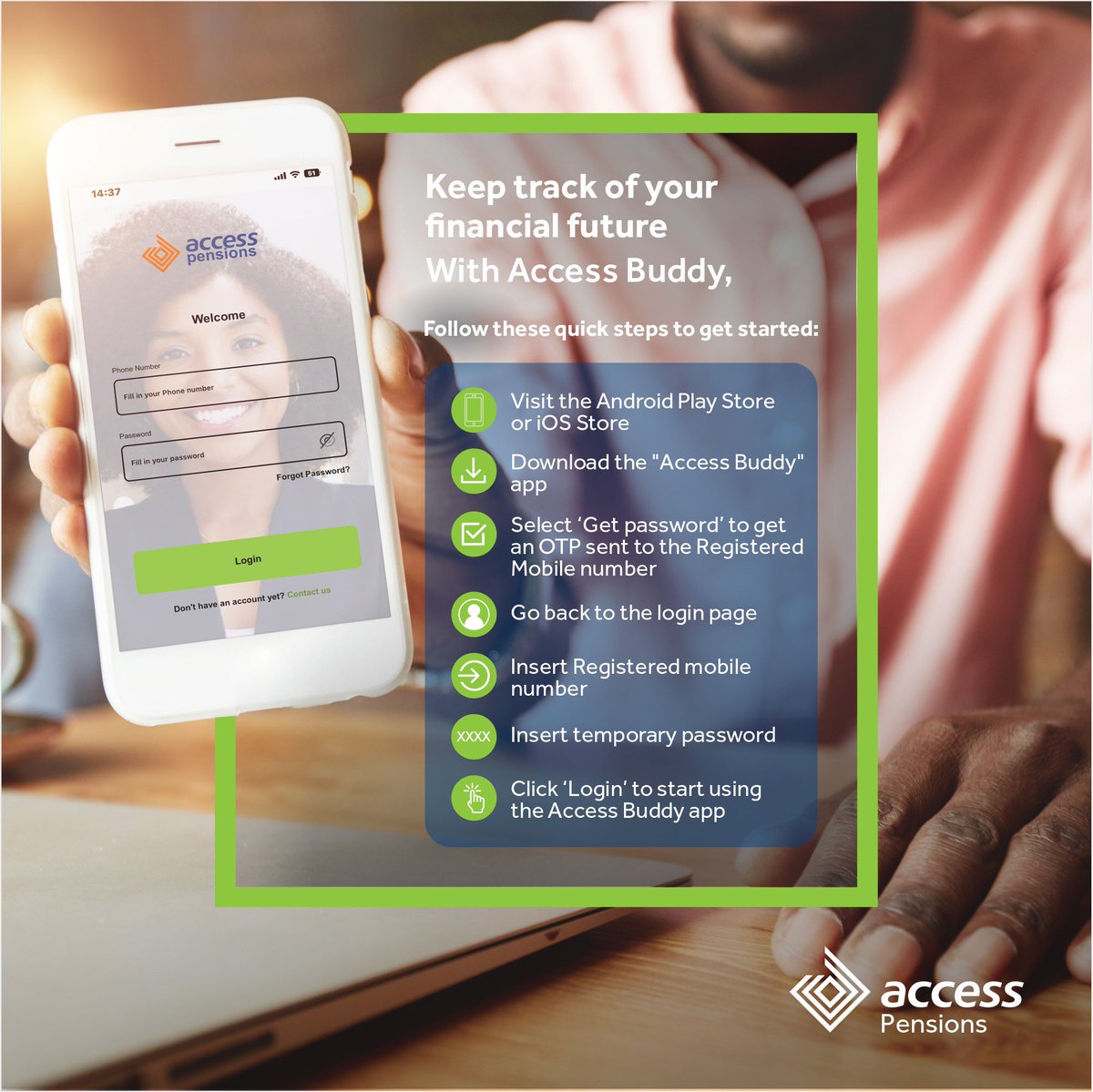accesspensions's tweet photo. With your #Accessbuddy you can get information on your RSA at one click
#Accessbuddy now available on iOS and Google Play store📱
#accesspensions #futureshaping #pensions https://t.co/CMPSnLisrx