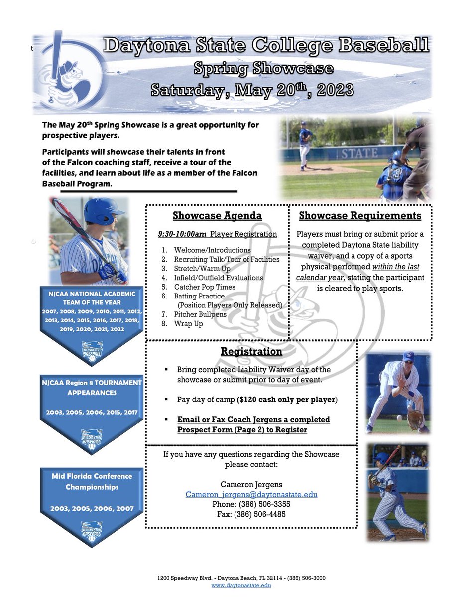 Daytona State College Showcase
Saturday, May 20th, 2023

You can pre register with the link below! dscfalcons.com/sports/bsb/DSC…

Player Registration starts at 9:30am! Walk ups are also welcomed.