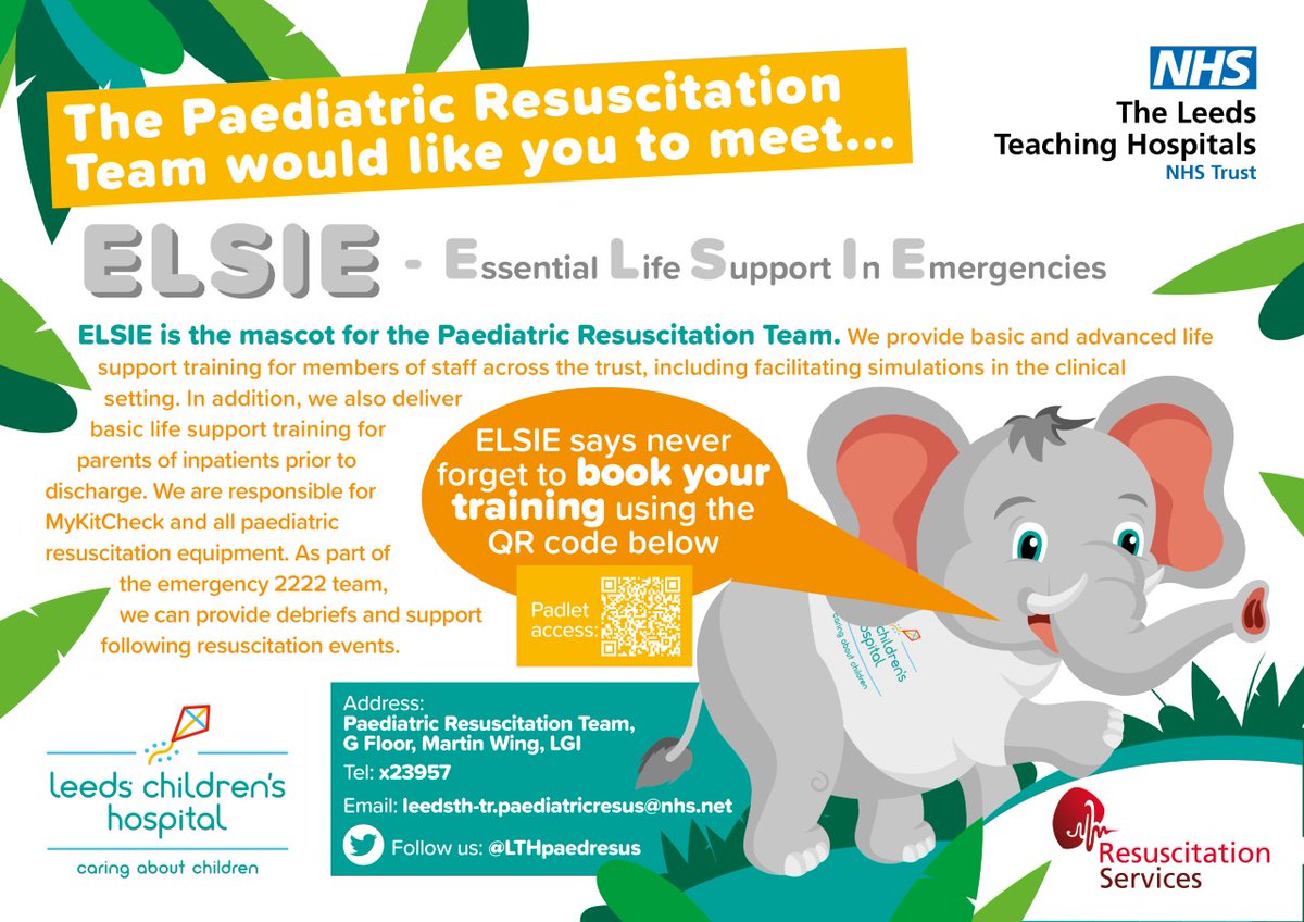 LTHPaedResus's tweet image. Have you spotted ELSIE on your screens at @LeedsHospitals today? We have been busy putting posters up around @Leeds_Childrens wards and departments!
Scan the QR code to find out more 🐘 and book your mandatory annual Paed BLS training! #ELSIEneverforgets #paedresus #resusservices