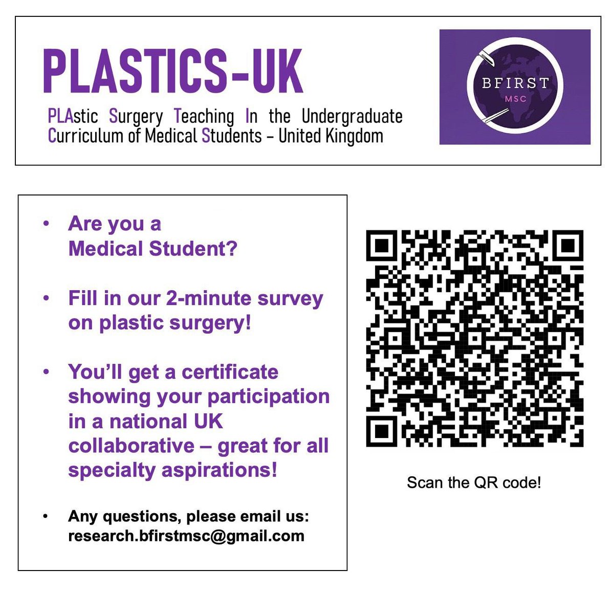 bfirstmsc's tweet image. Calling all UK medical students!

We’re very excited to share with you the first UK National PLASTICS Collaborative on the undergraduate plastics curriculum and global surgery - PLASTICS-UK!

Please take 2 minutes to fill in our survey at angliaruskin.onlinesurveys.ac.uk/medical-studen…
