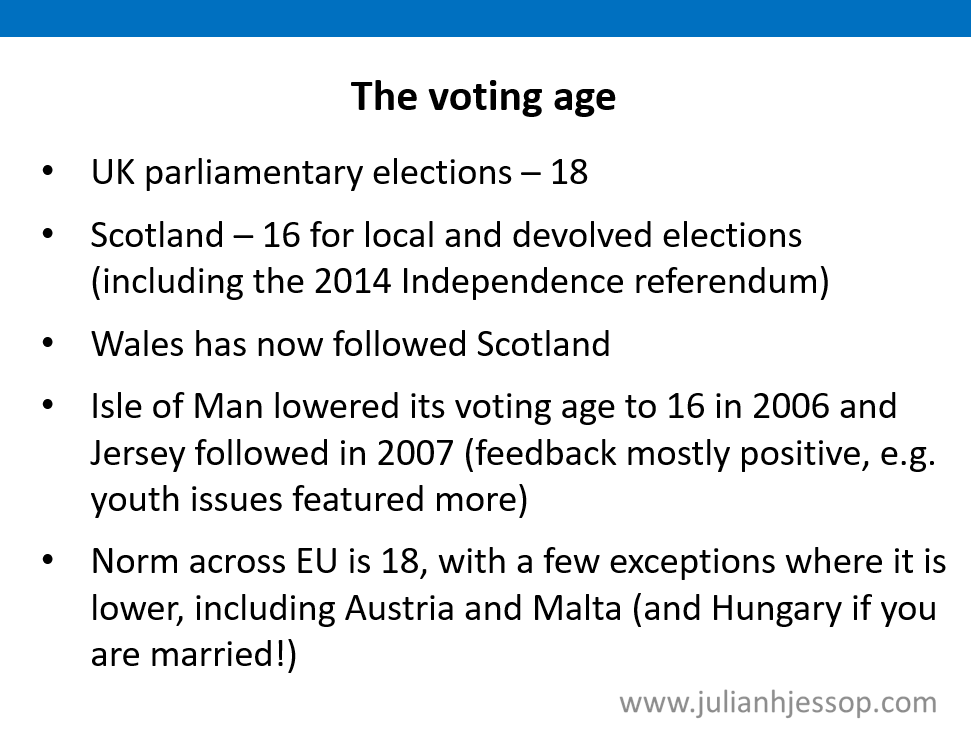 Seeing as #Labour is mulling lowering the UK #voting age to 16, here are a few slides from my schools presentation on the pros and cons...

(⚠️ spoiler alert - there are good arguments on both sides, but on balance I'd stick at 18)

First, the position today... (1/6)

#votesat16