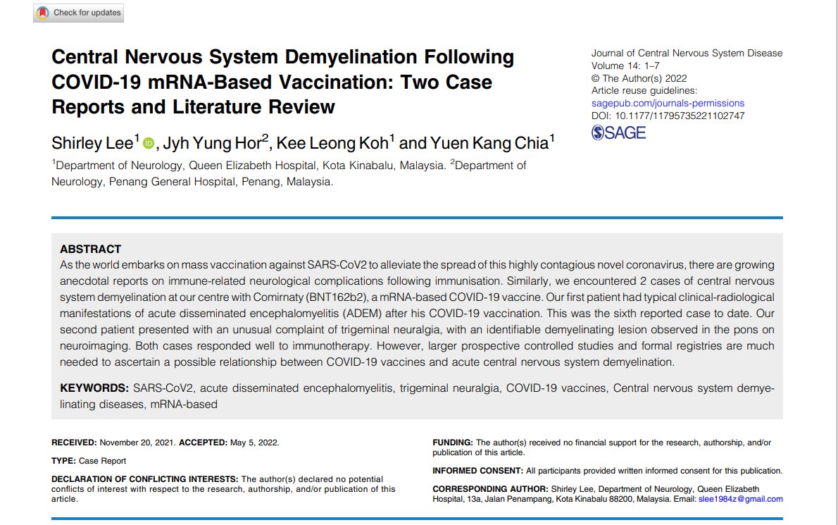 Central Nervous System Demyelination
56-year-old man with headache, poor appetite and lethargy 3 days after 1st dose #Pfizer #mRNA 
A week after his vaccination, he was found by his wife to be forgetful, confused with altered behaviour.
journals.sagepub.com/doi/10.1177/11…