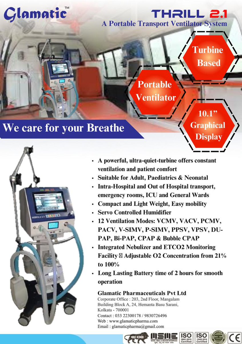 GlamaticPharma's tweet photo. Glamatic Thrill 2.1
Portable Transport Ventilator System with Turbine Based and 10.1" Graphical Display for Adults, Paediatrics &amp; Neonatal.

#transportventilator #portableventilator #turbine #universal #GlamaticThrill2.1 https://t.co/MCWNaUNxBW