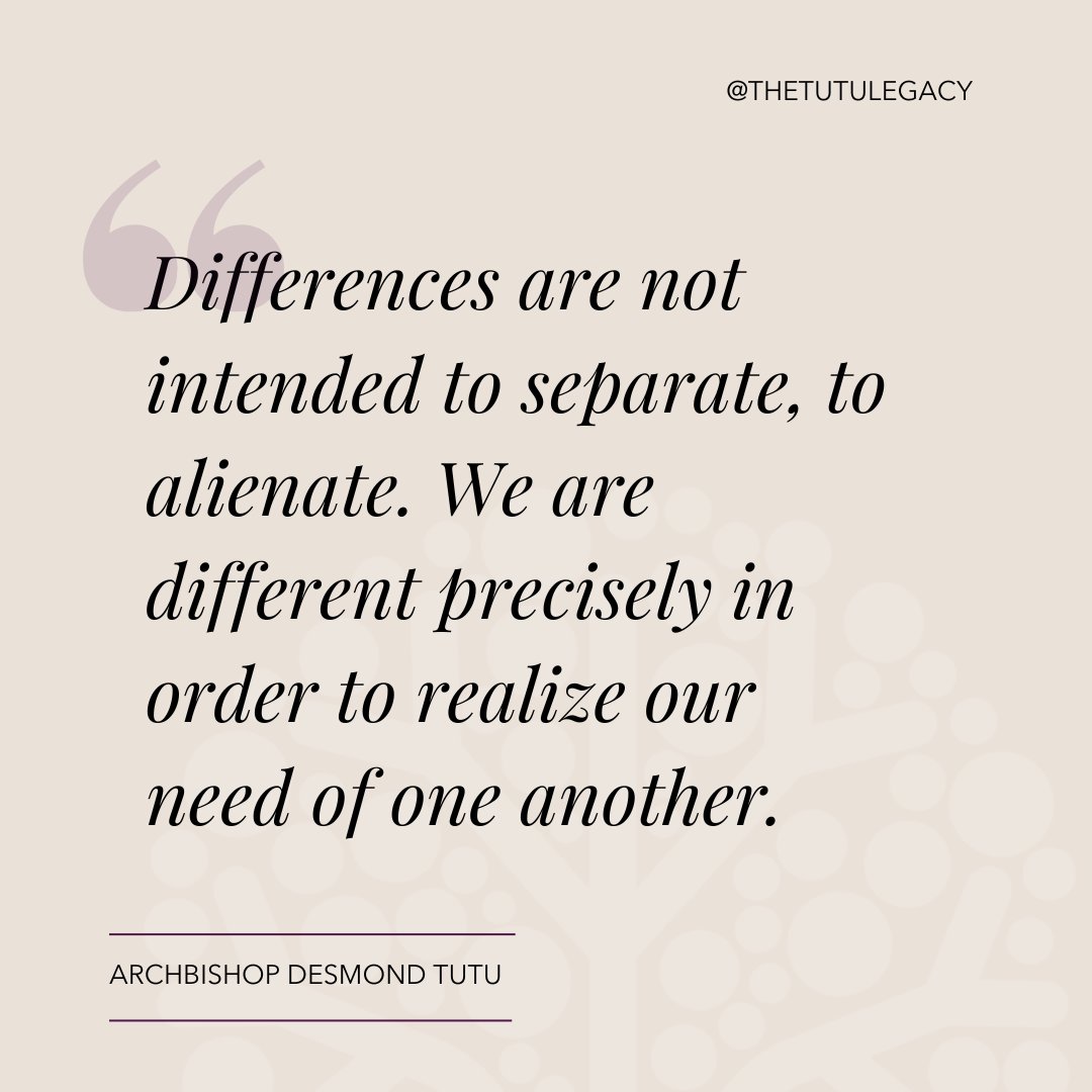 TheTutuLegacy's tweet photo. Today we remember the wise words of the Arch, Desmond Tutu, who reminds us to celebrate our differences and recognise our need for each other. Together, let's embrace diversity and work towards creating a better world for everyone. #TutuLegacy #LearningfromLegacy #TutuFoundation https://t.co/pKTg8mM3k9