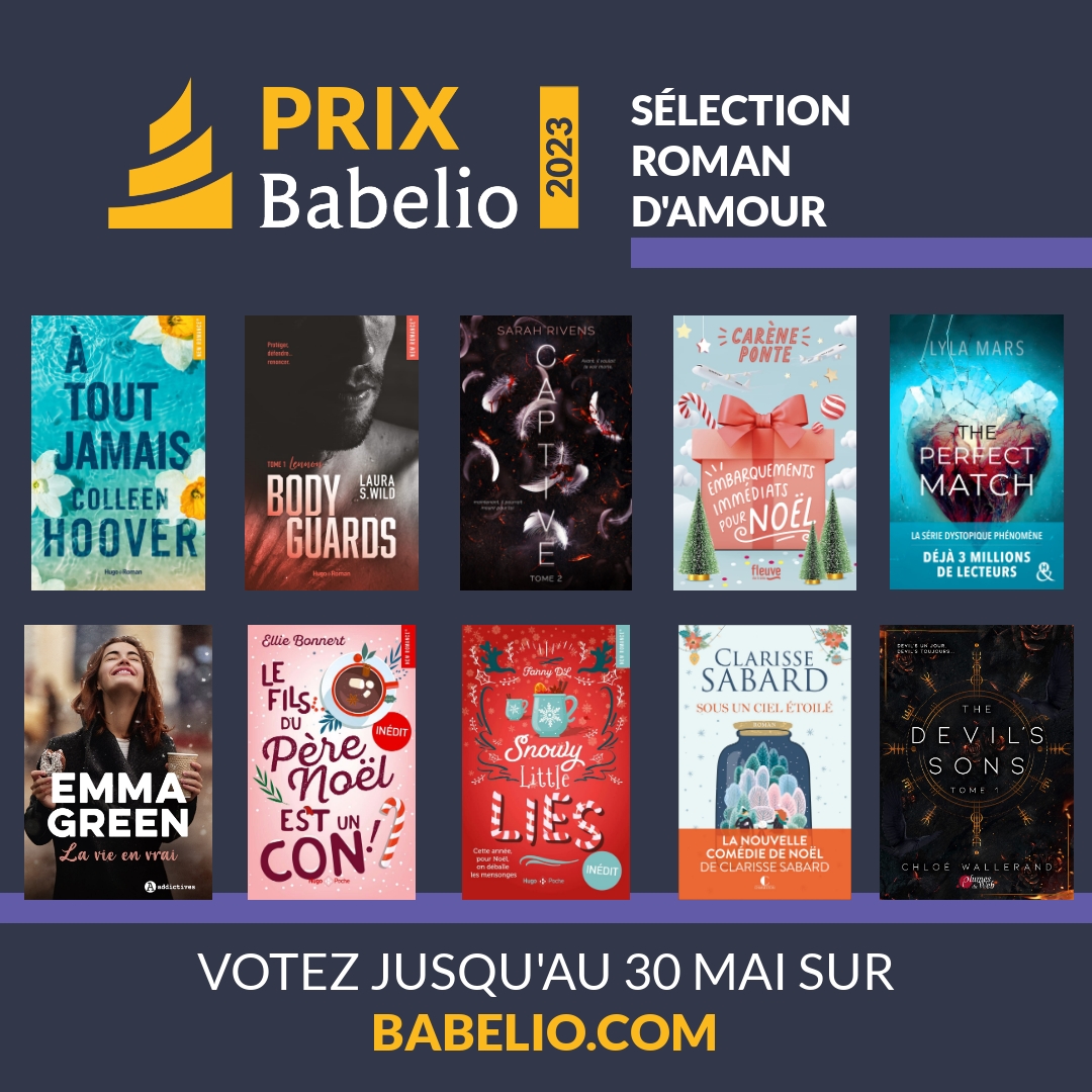 9⃣ En sélection pour la catégorie 'Roman d'amour' au #PrixBabelio2023 : <a href="/colleenhoover/">Colleen Hoover</a>, <a href="/SarahRivens/">Sarah Rivens.</a>, Emma Green, <a href="/KRN_DmotsetMoi/">CARENE</a>, <a href="/wild_lsr/">Laura S. Wild</a>, <a href="/ClarisseSabard/">Clarisse Sabard</a>, Fanny DL, Lyla Mars, Chloé Wallerand et Ellie Bonnert.

Pour voter : babelio.com/prix-babelio