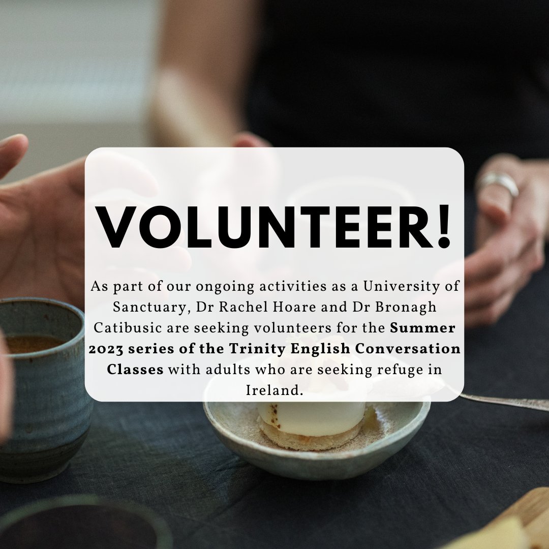 #VolOp In-person English convo classes in Trinity on WEDNESDAYS from 11am to 1pm. They will run for six weeks from 7th June to 12th July 2023. No experience needed – an online training session will be held on Friday 26th May from 1pm to 2pm.forms.office.com/e/tcxVW8ddVK
